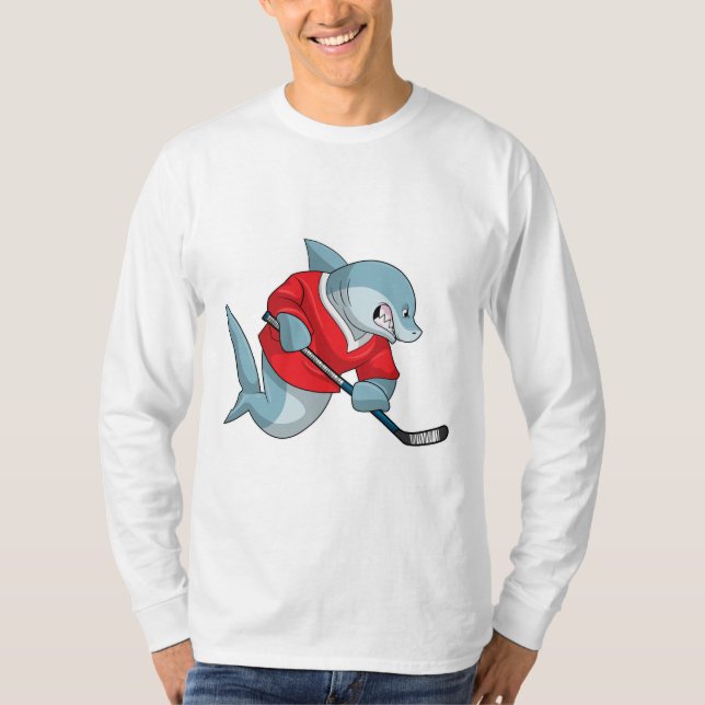 Shark at Ice hockey with Ice hockey stick T-Shirt (Front)