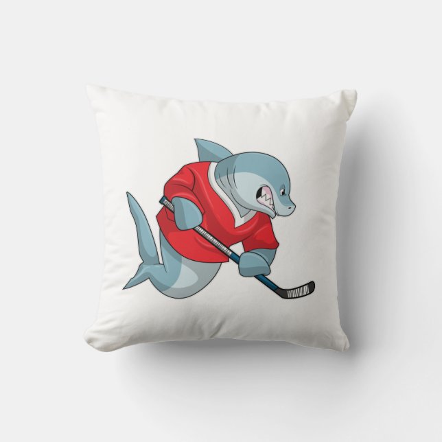 Shark at Ice hockey with Ice hockey stick Throw Pillow (Front)