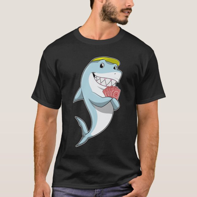 Shark at Poker with Poker cards T-Shirt (Front)