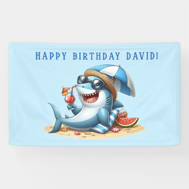 Shark Attack Beach Birthday Banner | Editable Name (Horizontal)