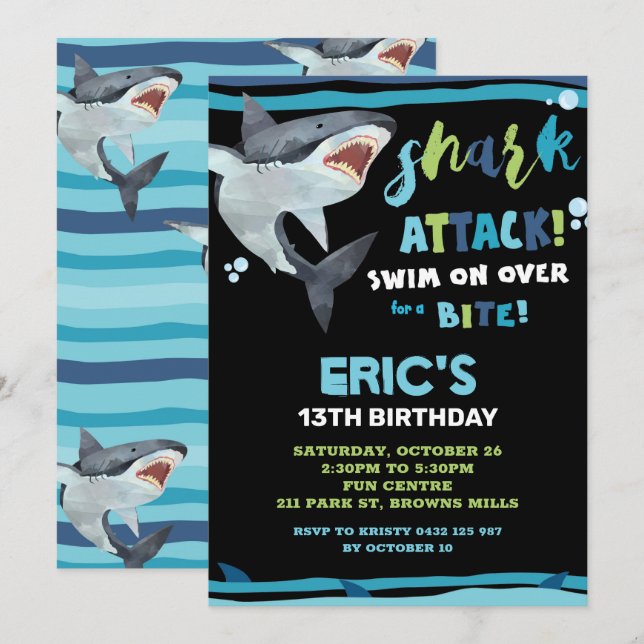 Shark Attack Birthday Party Shark Boys Pool Party Invitation (Front/Back)
