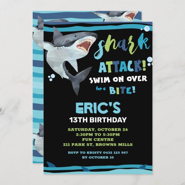 Shark Attack Birthday Party Shark Boys Pool Party Invitation (Front/Back)