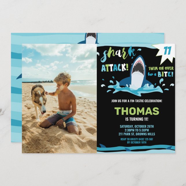 Shark Attack Birthday Party Shark Boys Pool Photo Invitation (Front/Back)