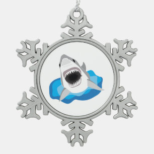 Shark Attack - Great White Shark Leaps from Waves Snowflake Pewter Christmas Ornament