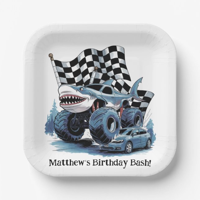 Shark Attack Monster Truck Birthday Bash Paper Plates (Front)
