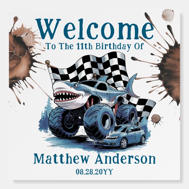 Shark Attack Monster Truck Birthday Bash Welcome  Foam Board (Front)