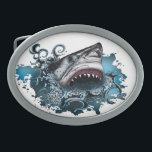 Shark Attack Oval Belt Buckle<br><div class="desc">Original design of a shark coming out of the water. Created using pencils,  pens and colored in Photoshop.</div>