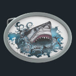Shark Attack Oval Belt Buckle<br><div class="desc">Original design of a shark coming out of the water. Created using pencils,  pens and colored in Photoshop.</div>