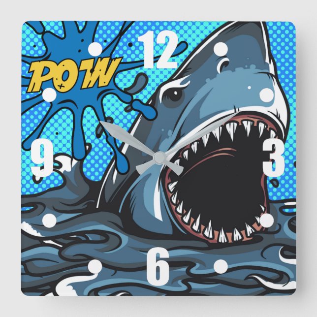 Shark Attack POW Superhero Comic Water Splat Square Wall Clock (Front)
