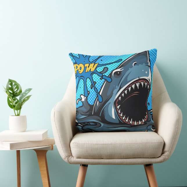 Shark Attack POW Superhero Comic Water Splat Throw Pillow (Chair)