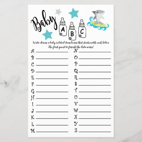 SHARK BABY ABC BABY SHOWER GAME CARD FLYER