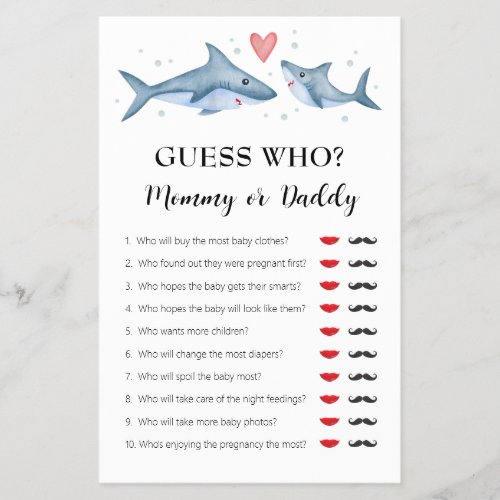 Shark Baby Shower Guess Who Mommy or Daddy Game Flyer