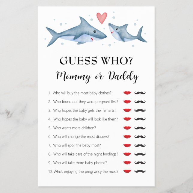 Shark Baby Shower "Guess Who Mommy or Daddy" Game Flyer (Front)