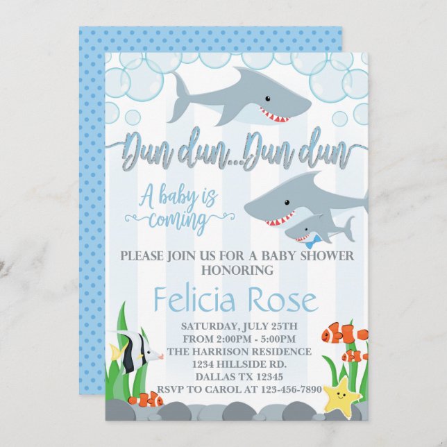 Shark Baby Shower Invitation Invite Boy (Front/Back)