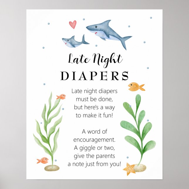 Shark Baby Shower "Late Night Diapers" Sign (Front)