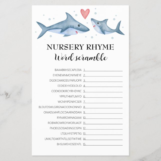 Shark Baby Shower Nursery Rhyme Word Scramble Game Flyer (Front)
