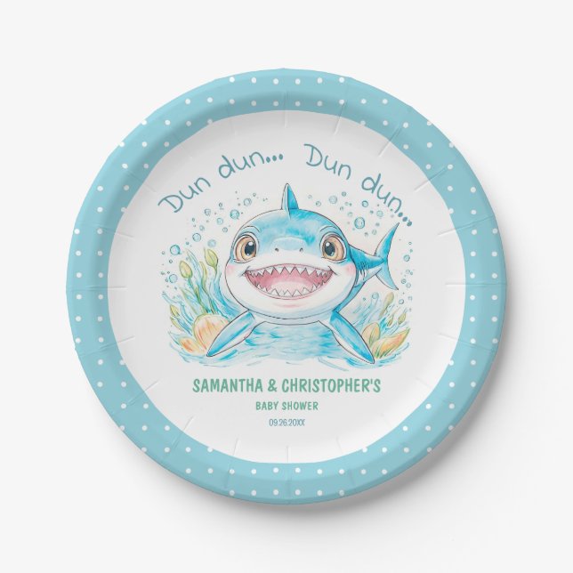 Shark Baby Shower Ocean Sea Blue Boy Baby Shower Paper Plates (Front)