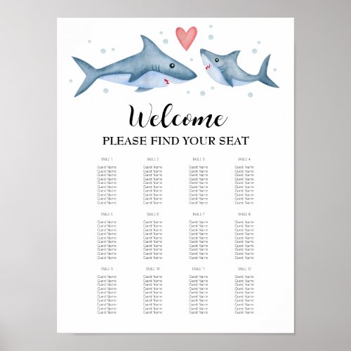 Shark Baby Shower Seating Chart Sign Under the Sea