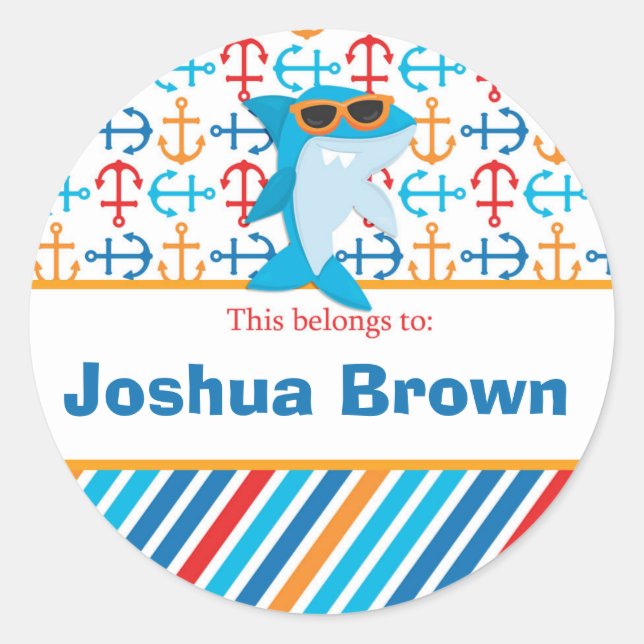 Shark Back to School Personalized Round Stickers (Front)