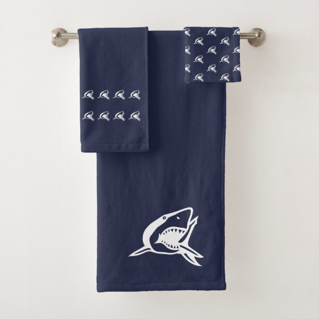 shark Bathroom Ocen Blue and white Bath Towel Set (Insitu)