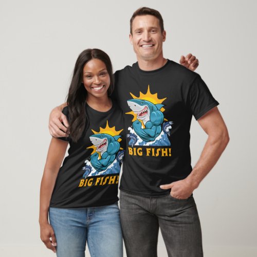 Shark Big Fish Flexing Muscles Sun Waves BLK  T_Shirt