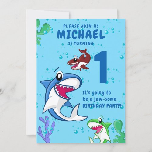 Shark Birthday First Bday Ocean Kids Invitation