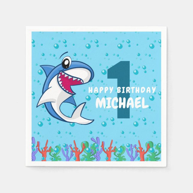 Shark Birthday First Bday Ocean Kids Napkins (Front)