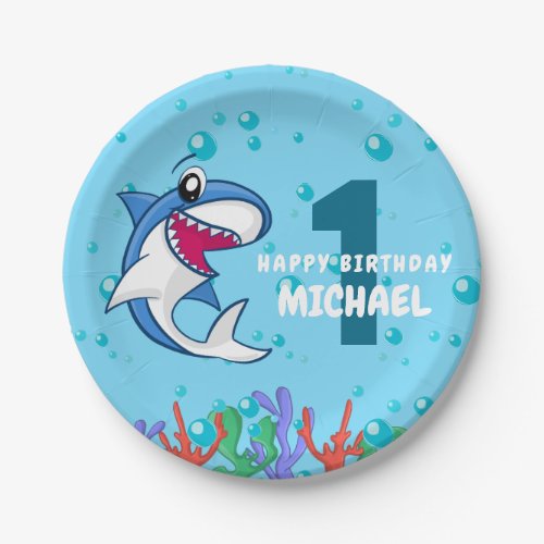 Shark Birthday First Bday Ocean Kids Paper Plates