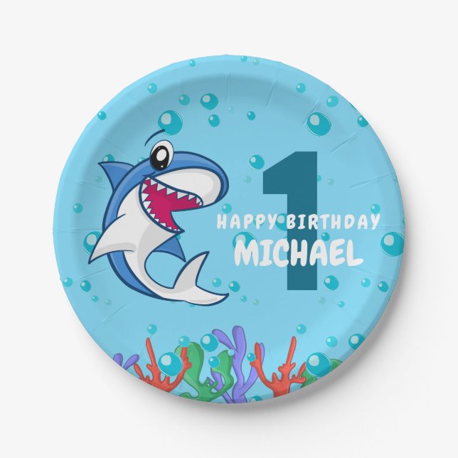 Shark Birthday First Bday Ocean Kids Paper Plates (Front)