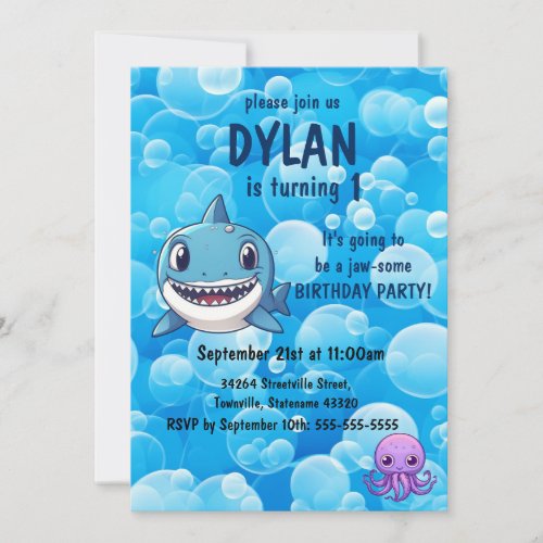 Shark Birthday First Bday Ocean Kids Party Invitation