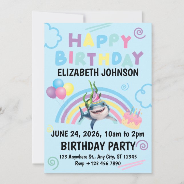 Shark Birthday Invitation in Blue (Front)