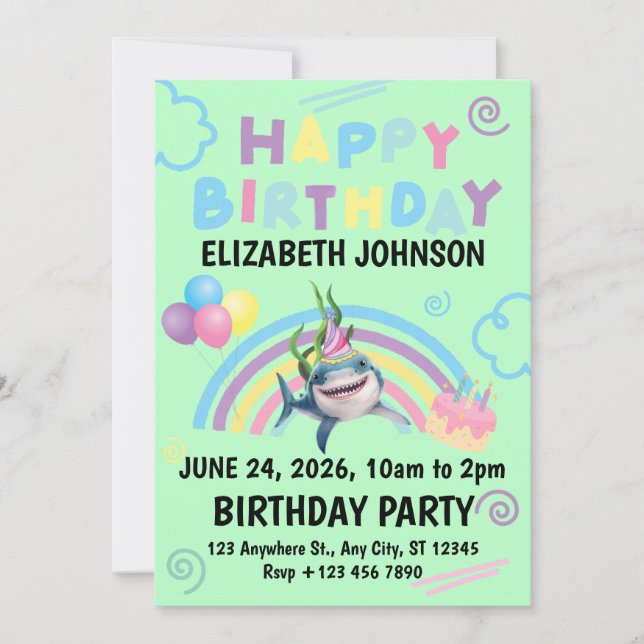 Shark Birthday Invitation in Green (Front)