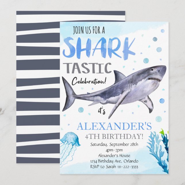 Shark Birthday Invitation, Shark Invite (Front/Back)