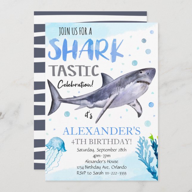 Shark Birthday Invitation, Shark Invite (Front/Back)