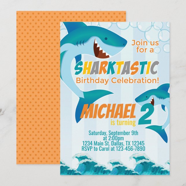 Shark Birthday Party Invitation Invite (Front/Back)