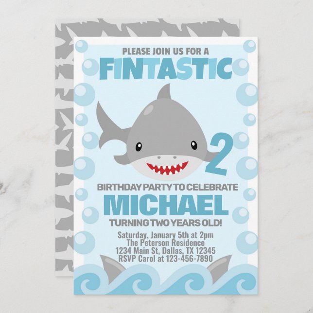 Shark Birthday Party Invitation Invite (Front/Back)