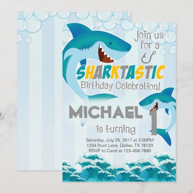 Shark Birthday Party Invitation Invite Boy (Front/Back)