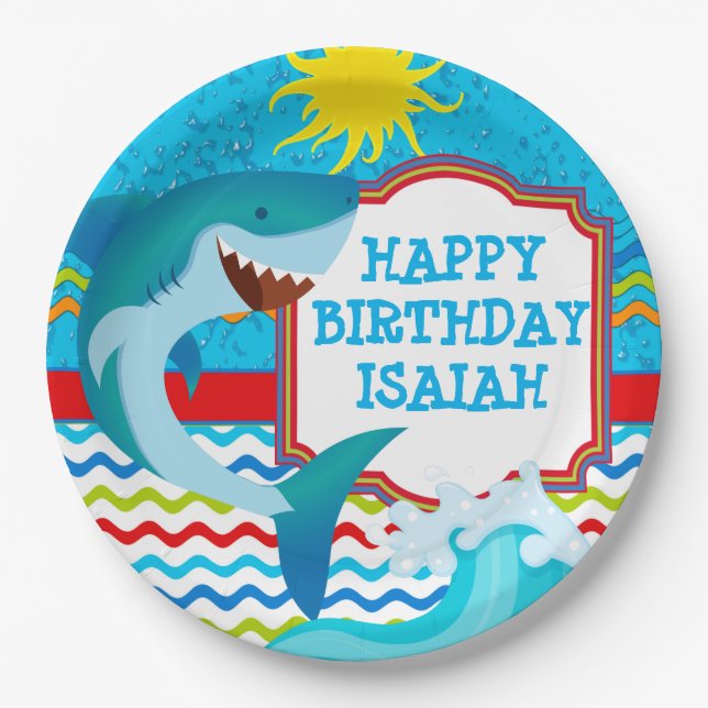 Shark Birthday Party Personalized Paper Plates (Front)