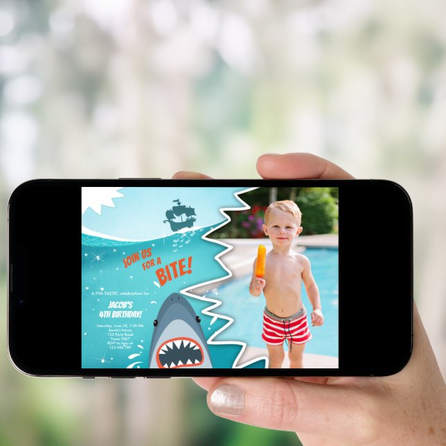Shark Birthday Pool party boy Shark Bite Bait Swim Invitation (Front Digital)
