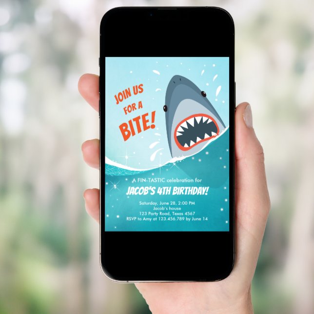 Shark Birthday Pool party boy Shark Bite Bait Swim Invitation (Front Digital)