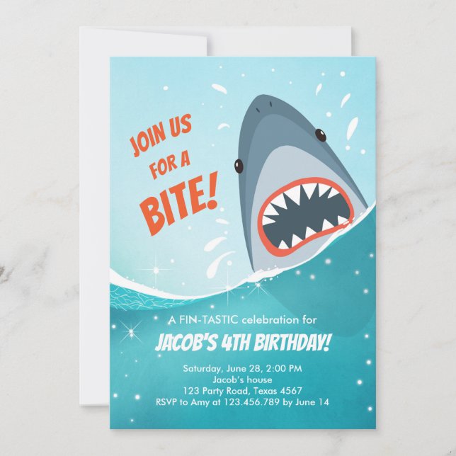 Shark Birthday Pool party boy Shark Bite Bait Swim Invitation (Front)