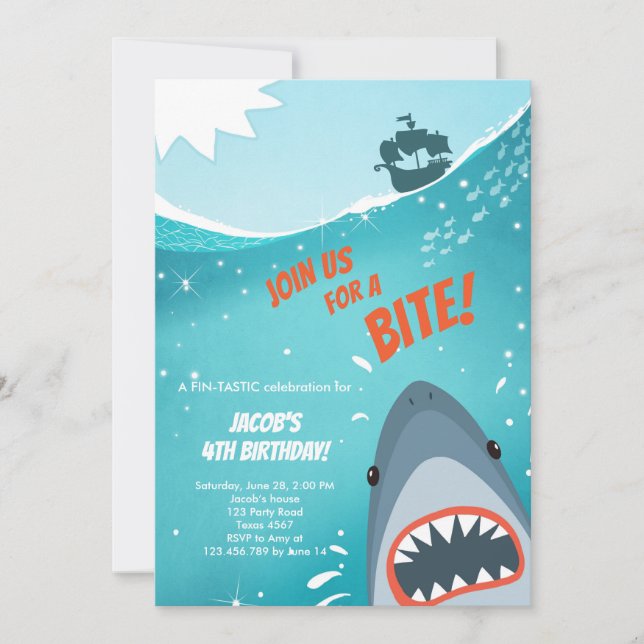 Shark Birthday Pool party boy Shark Bite Bait Swim Invitation (Front)