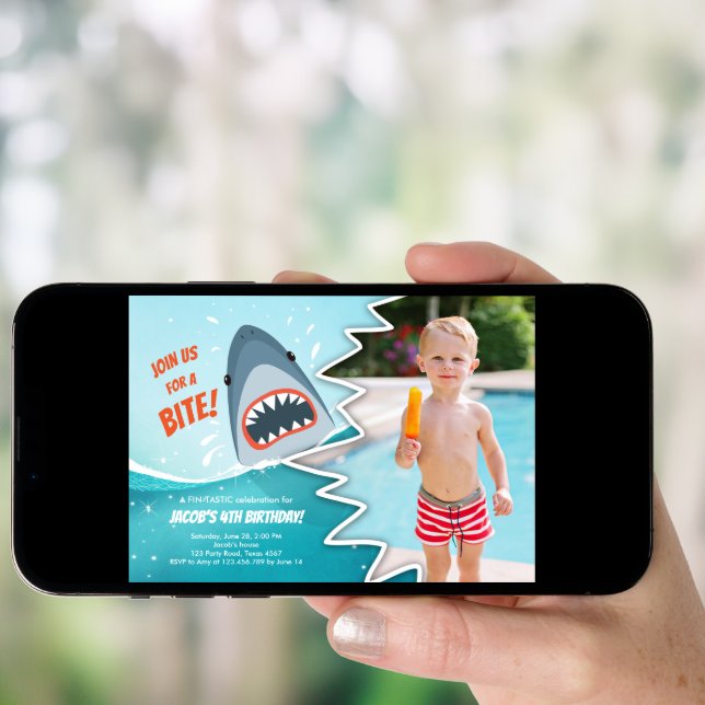 Shark Birthday Pool party boy Shark Bite Bait Swim Invitation (Front Digital)
