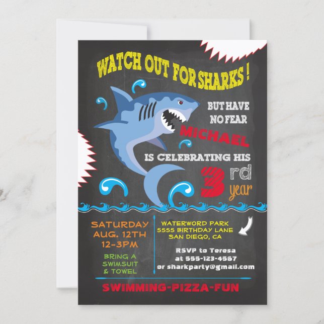 Shark Birthday Swimming Party Invitations (Front)