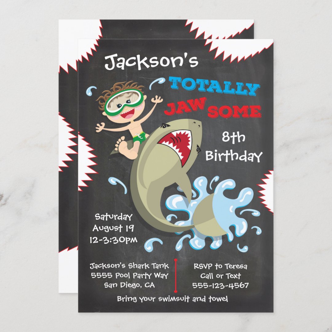 Shark Birthday Swimming Pool Party Invitations (Front/Back)