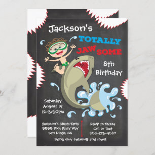 Shark Birthday Swimming Pool Party Invitations