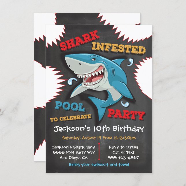 Shark Birthday Swimming Pool Party Invitations (Front/Back)