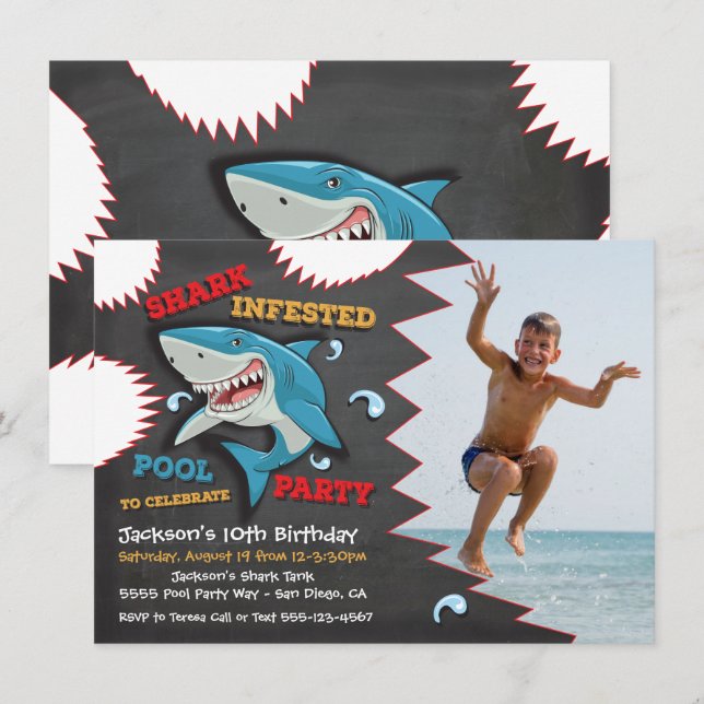 Shark Birthday Swimming Pool Party Invitations (Front/Back)