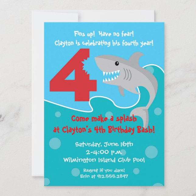 Shark Bite Invite- 4th Birthday Party Invitation (Front)
