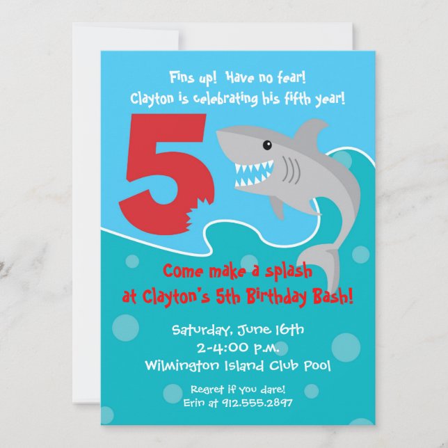 Shark Bite Invite- 5th Birthday Party Invitation (Front)